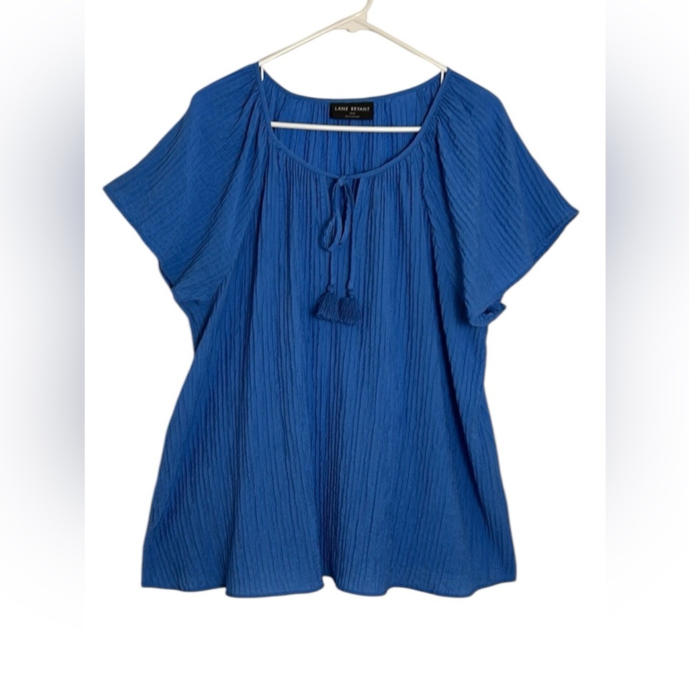 Plus Lane Bryant Size 18/20 Blue Keyhole Tassel Short Flutter Sleeve Blouse